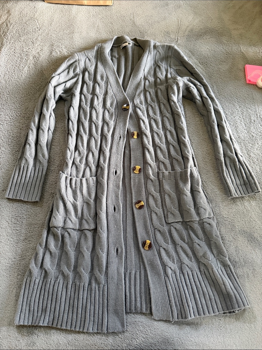 Long Cable-Knit Button-Front Cardigan Sweater - Light Gray